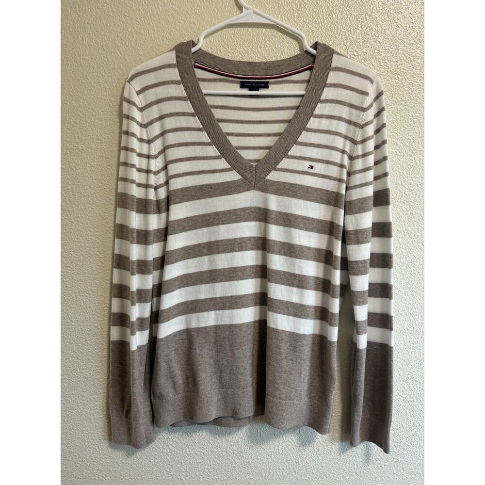 Striped V-Neck Sweater Tan/White Preppy Academia Coastal Casual Women’s Size M